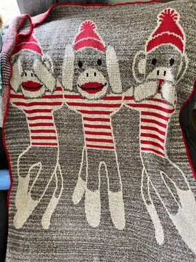 Sock Monkey Throw Blanket USA Made Cozy Cabincore Recycled Cotton